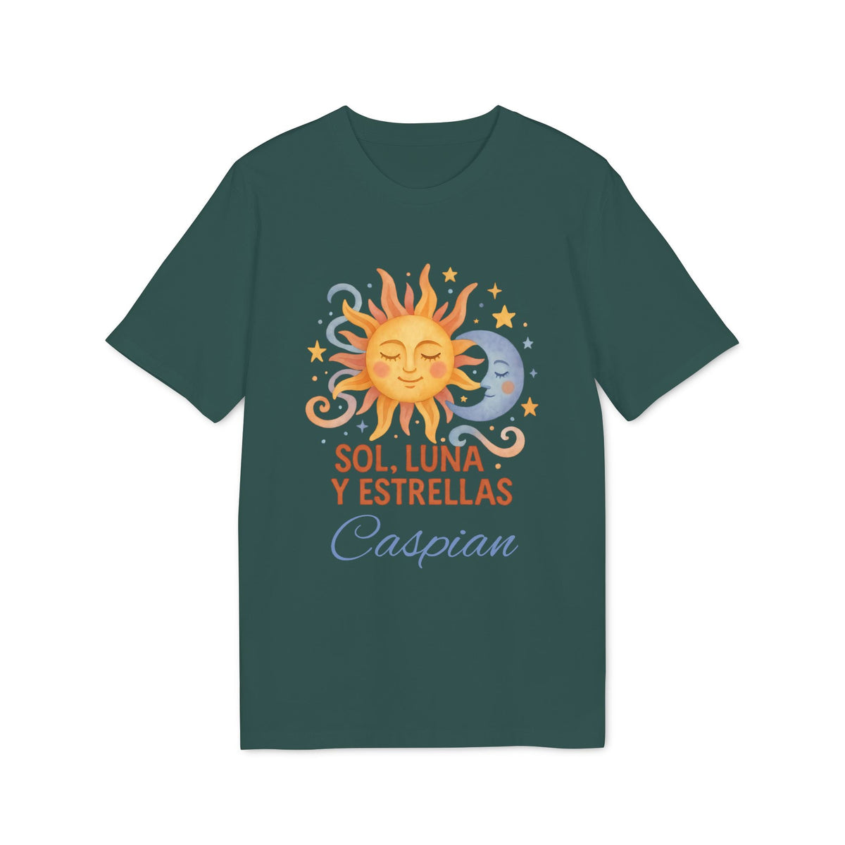 Sol Luna Estrellas Organica Personalizada Waldorf 100% Organic Cotton T-Shirt verde con sol, luna y estrellas y nombre personalizado “Caspian”