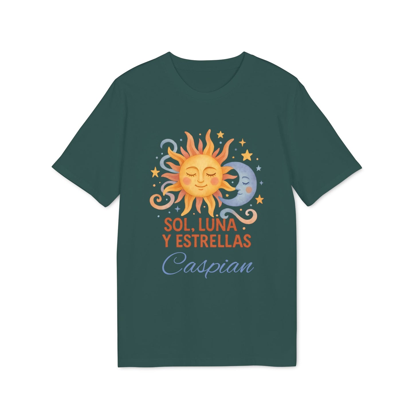 Sol Luna Estrellas Organica Personalizada Waldorf 100% Organic Cotton T-Shirt verde con sol, luna y estrellas y nombre personalizado “Caspian”