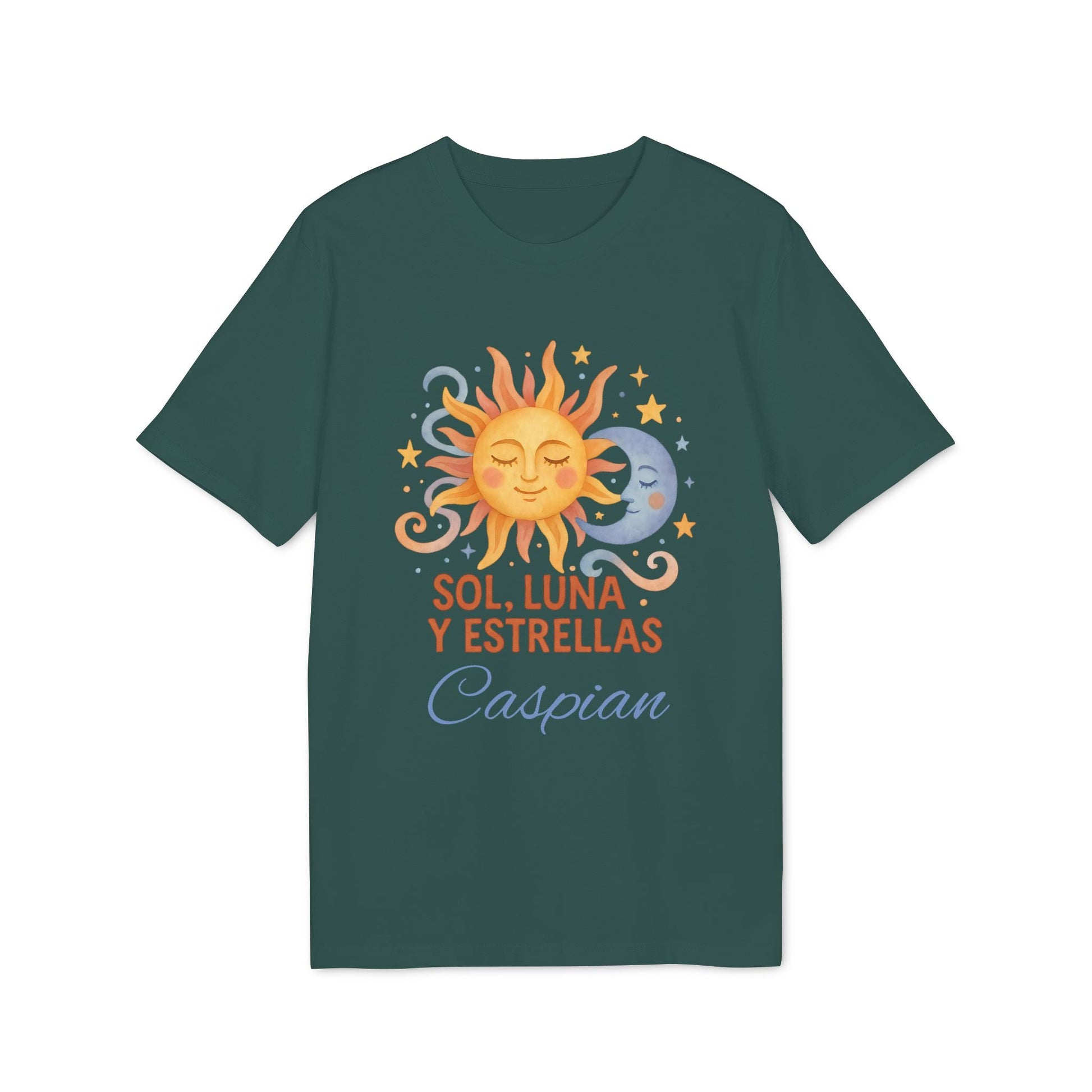 Sol Luna Estrellas Organica Personalizada Waldorf 100% Organic Cotton T-Shirt verde con sol, luna y estrellas y nombre personalizado “Caspian”