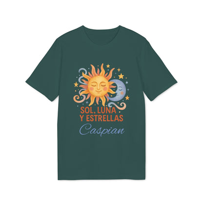 Sol Luna Estrellas Organica Personalizada Waldorf 100% Organic Cotton T-Shirt verde con sol, luna y estrellas y nombre personalizado “Caspian”
