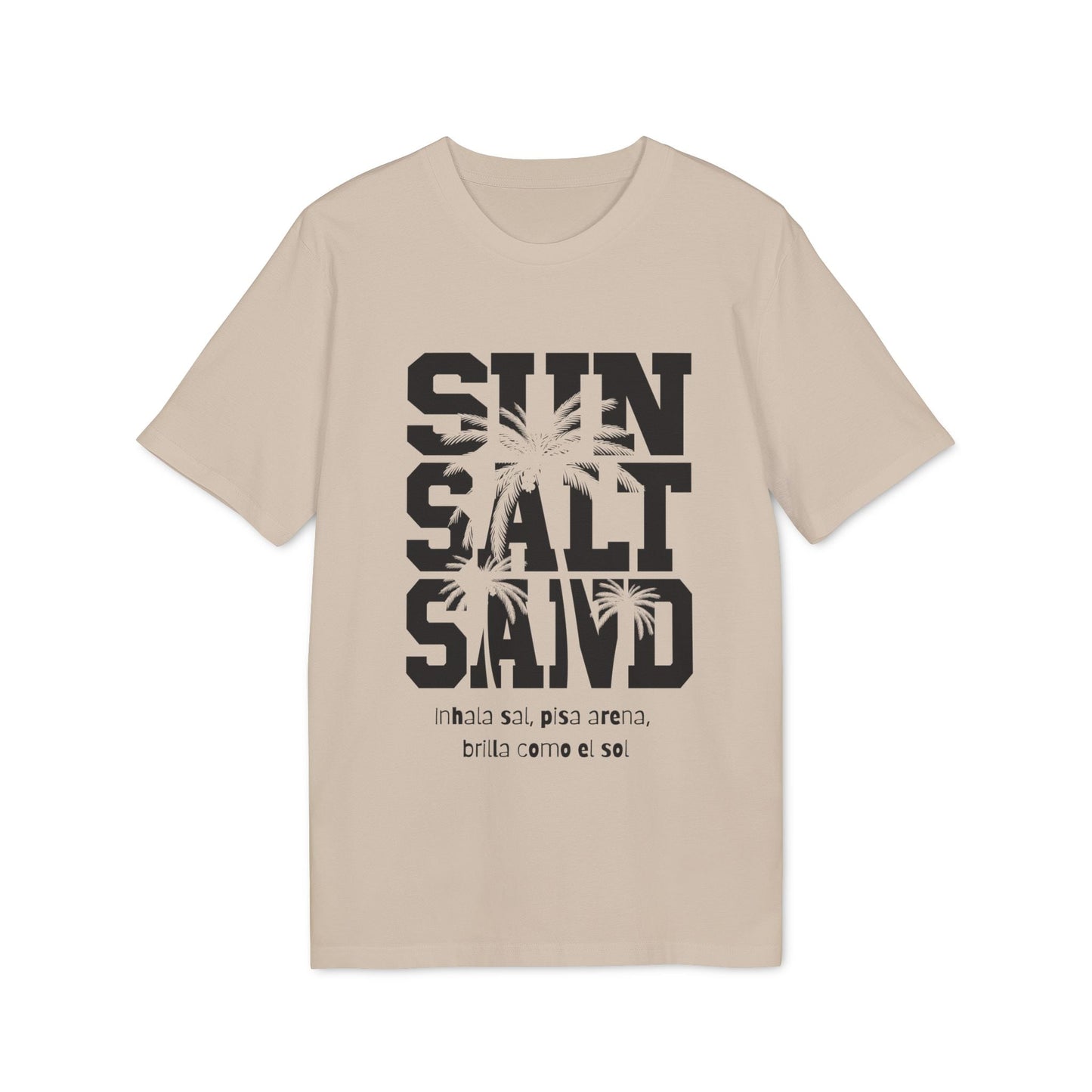 Sol Sal Arena T-Shirt aus 100% Bio-Baumwolle in Sandfarbe mit Grafik „SUN SALT SAND“ und Palmen, Vorderansicht