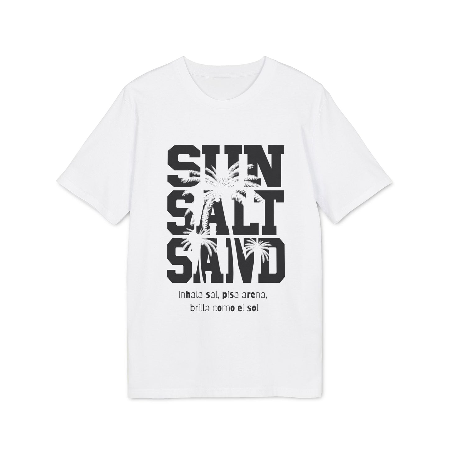 Sol Sal Arena T-Shirt aus 100 % Bio-Baumwolle in Weiß mit Print „SUN SALT SAND“ und Palmen, Vorderansicht