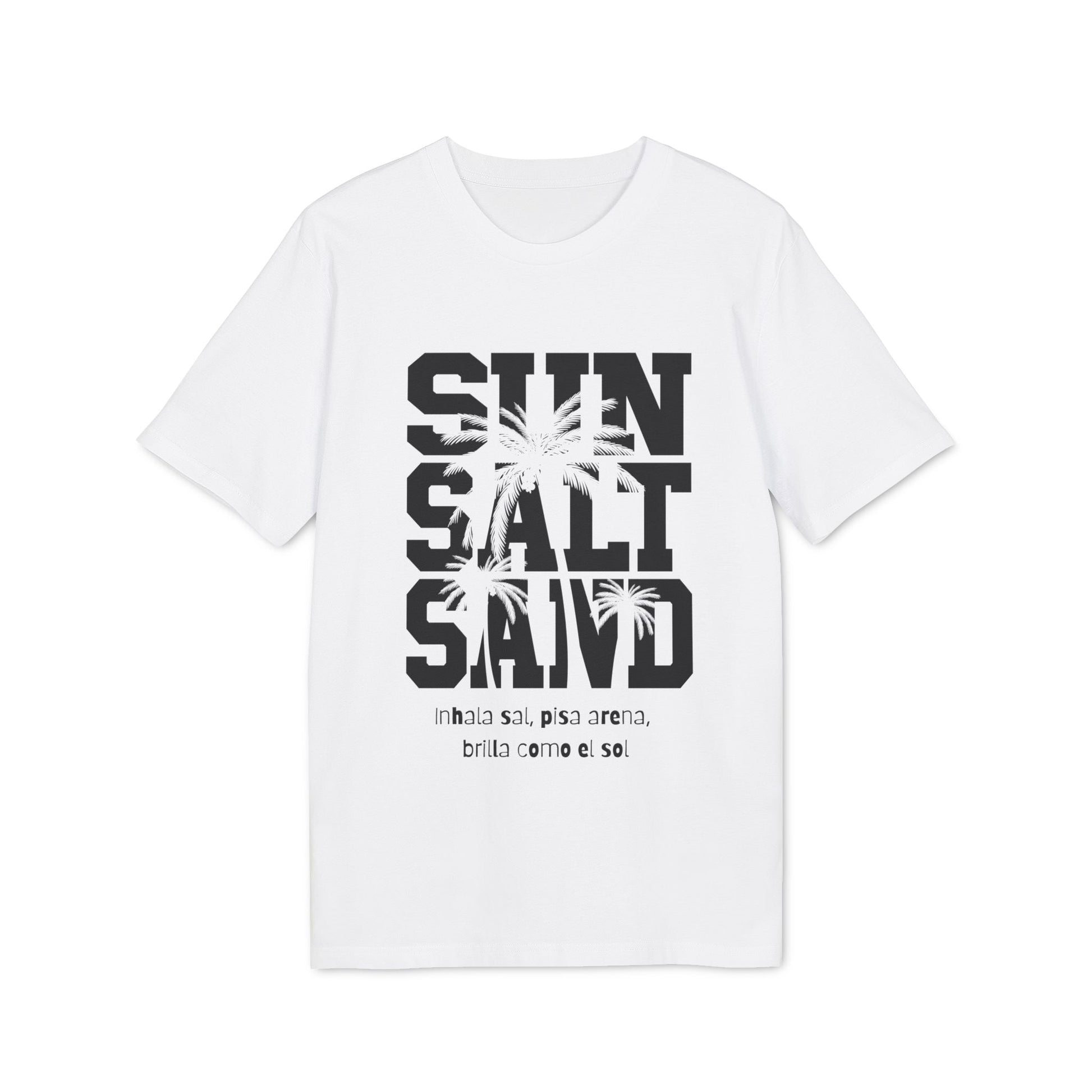 Sol Sal Arena T-Shirt aus 100 % Bio-Baumwolle in Weiß mit Print „SUN SALT SAND“ und Palmen, Vorderansicht