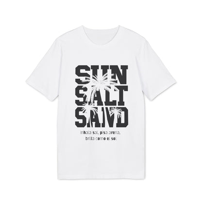 Sol Sal Arena T-Shirt aus 100 % Bio-Baumwolle in Weiß mit Print „SUN SALT SAND“ und Palmen, Vorderansicht