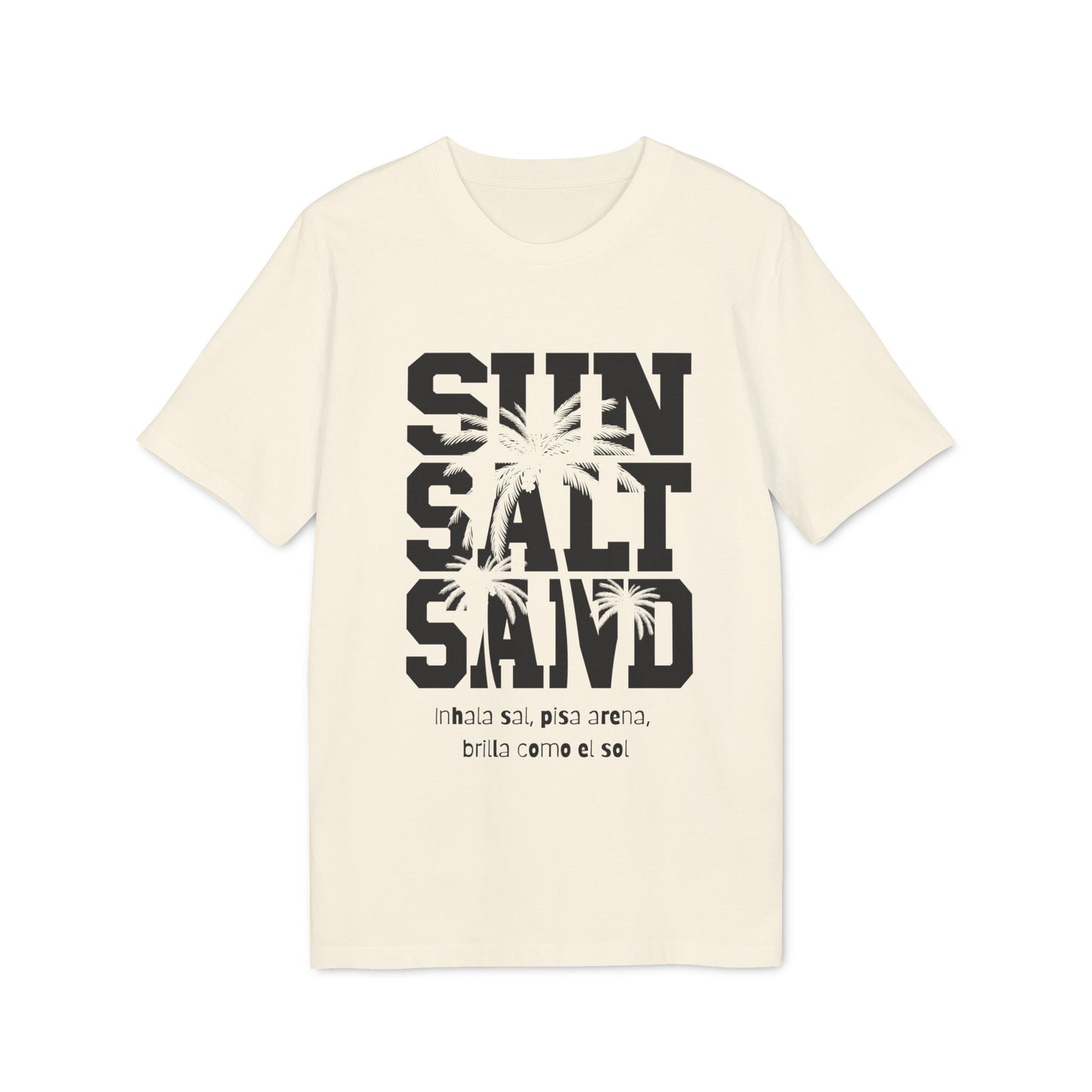 Alt-Tag: Sol Sal Arena T-Shirt aus 100% Bio-Baumwolle, Farbe Arena, mit Grafik „SUN SALT SAND“ und Palmen, Vorderansicht