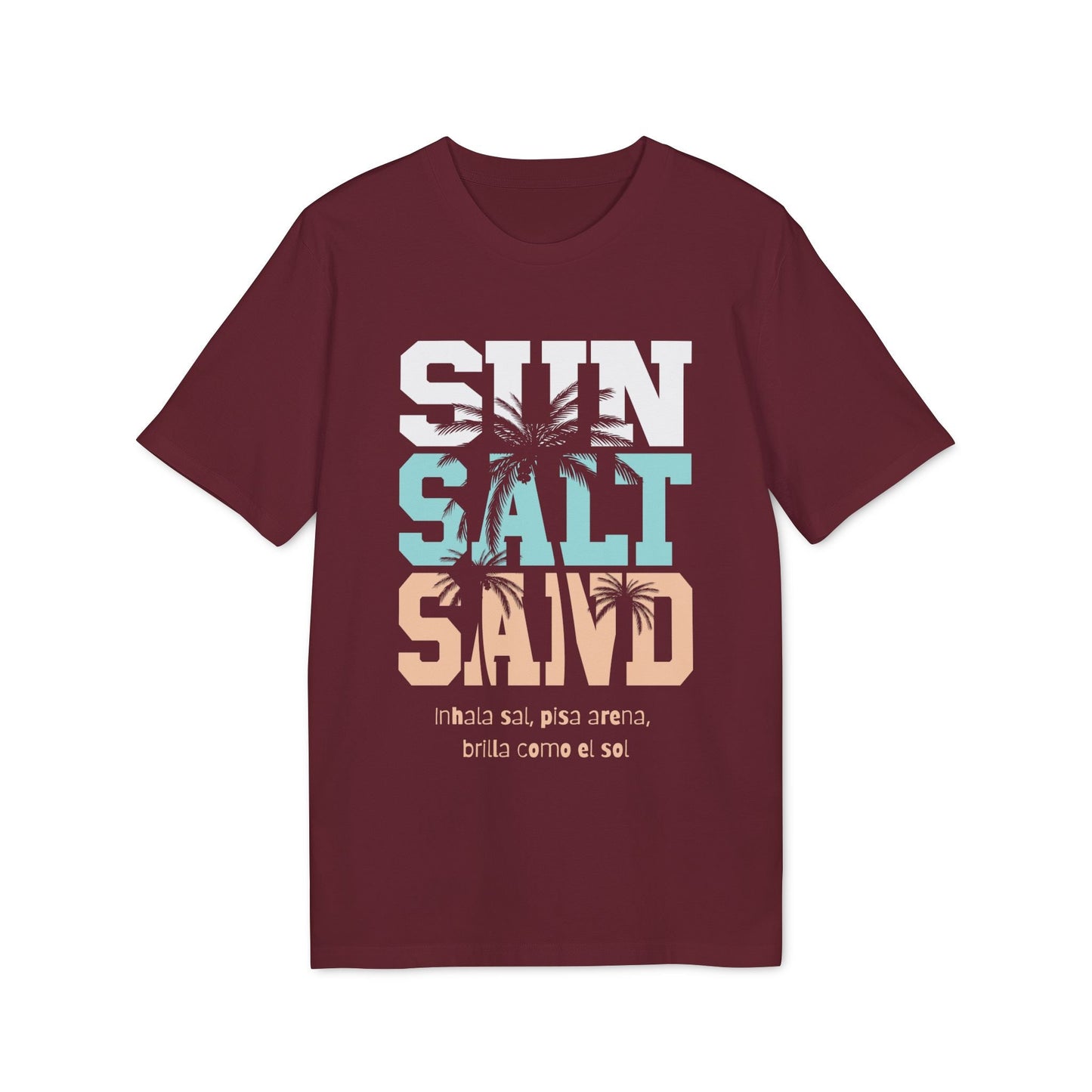 Alt-Tag: Sol Sal Arena T-Shirt aus 100 % Bio-Baumwolle in der Farbe Arena, Graphic Tee mit „SUN SALT SAND“-Text und Palmen-Print