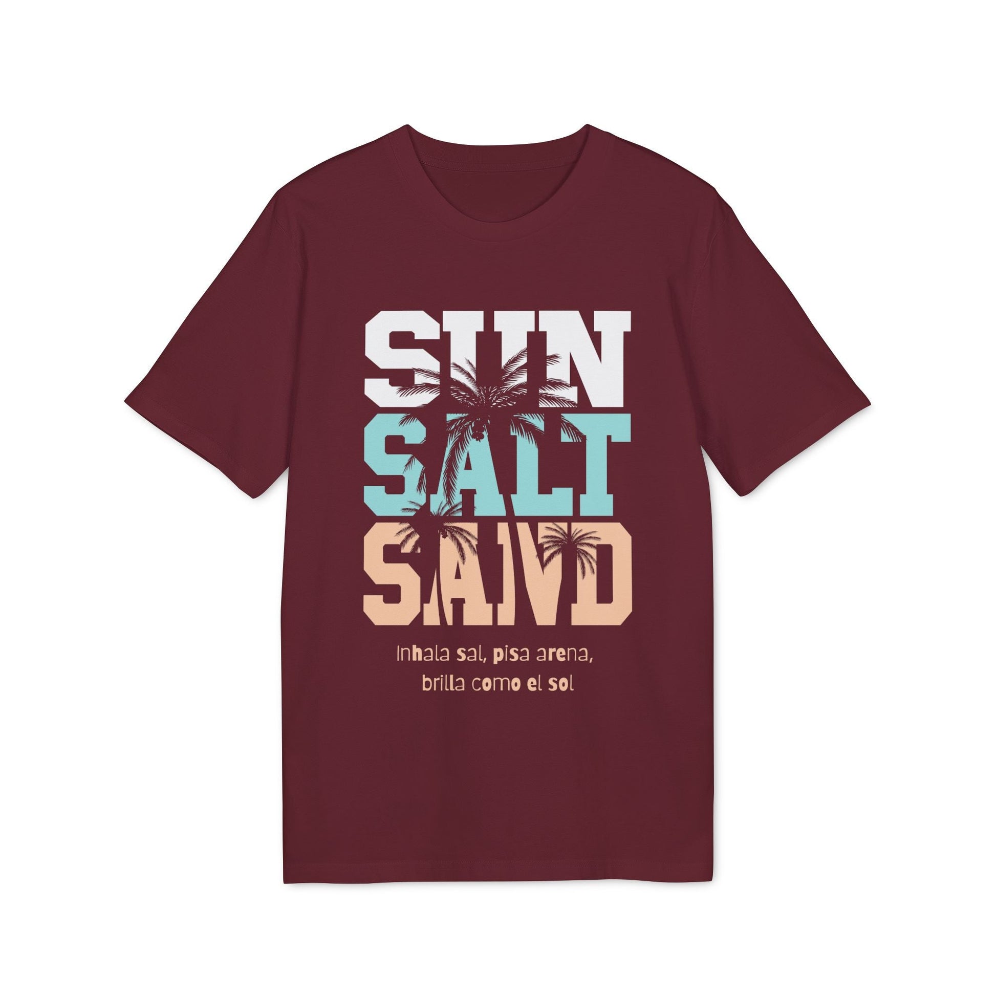 Alt-Tag: Sol Sal Arena T-Shirt aus 100 % Bio-Baumwolle in der Farbe Arena, Graphic Tee mit „SUN SALT SAND“-Text und Palmen-Print