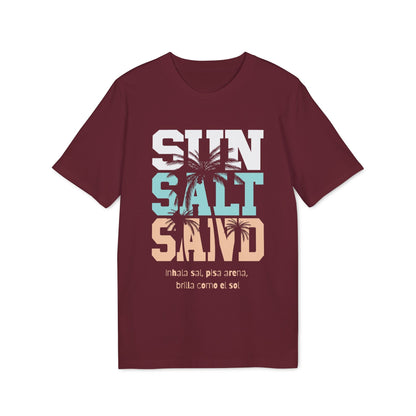Alt-Tag: Sol Sal Arena T-Shirt aus 100 % Bio-Baumwolle in der Farbe Arena, Graphic Tee mit „SUN SALT SAND“-Text und Palmen-Print