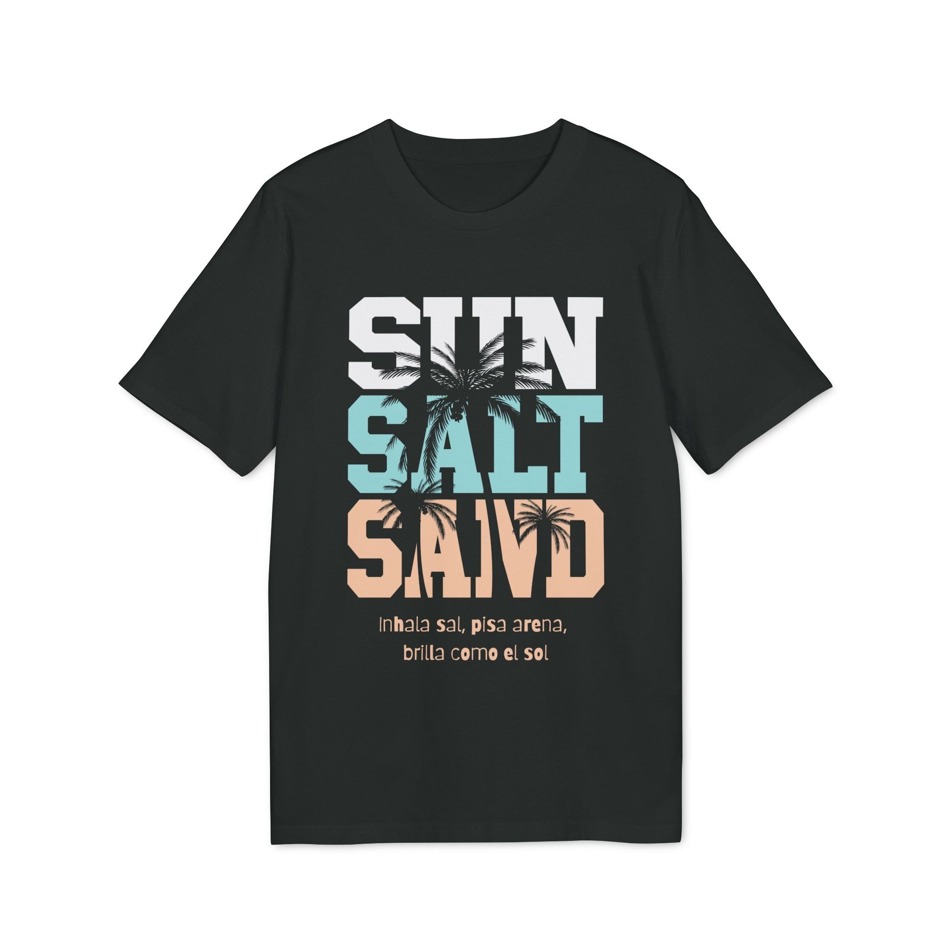 Sol Sal Arena T-Shirt aus 100% Bio-Baumwolle in Schwarz mit SUN SALT SAND Grafik und Palme, sommerlicher Stil