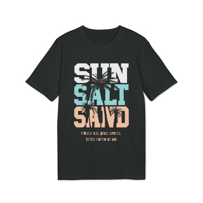 Sol Sal Arena T-Shirt aus 100% Bio-Baumwolle in Schwarz mit SUN SALT SAND Grafik und Palme, sommerlicher Stil