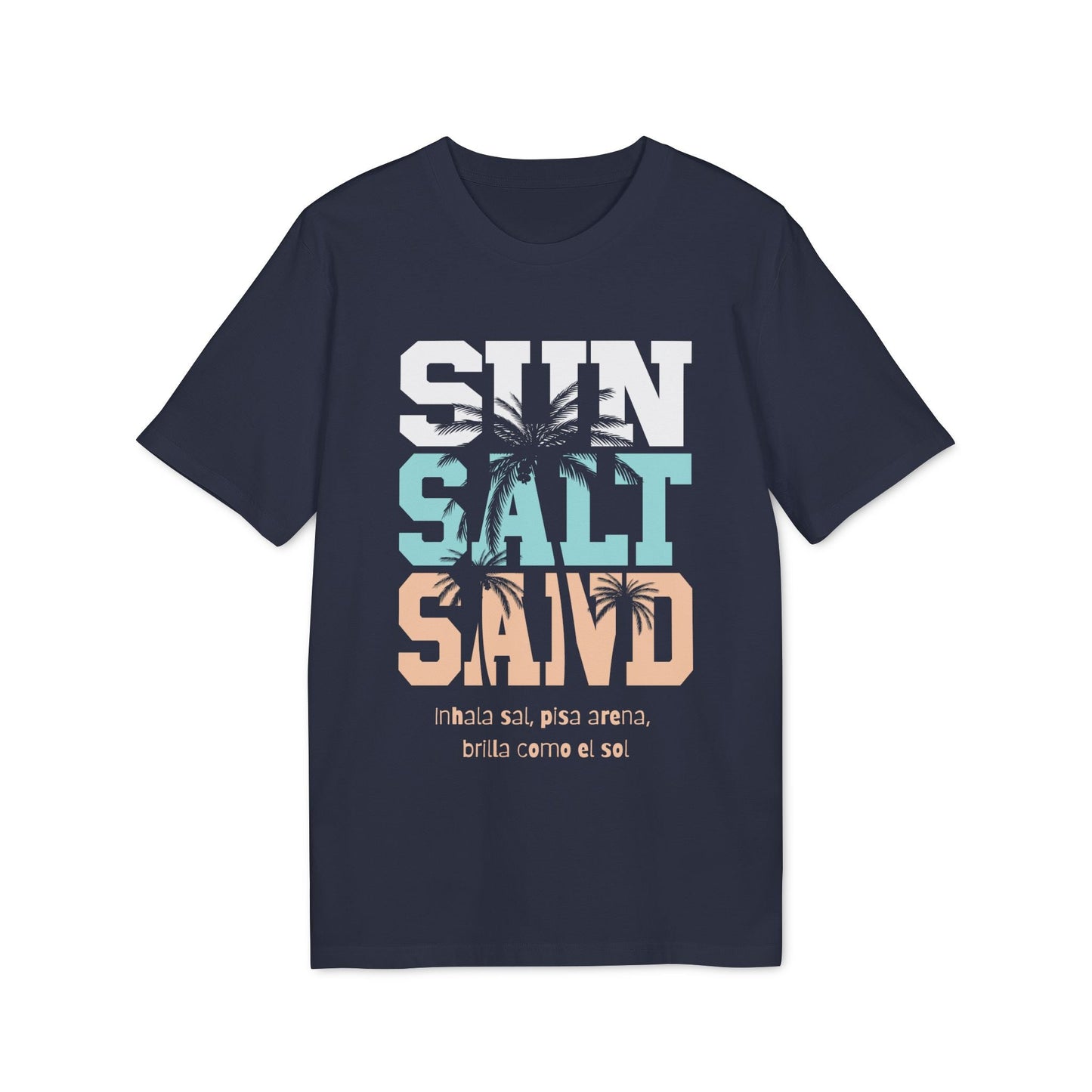 Sol Sal Arena 100% Bio-Baumwoll-T-Shirt marineblau mit SUN SALT SAND Grafik und Palme, Bio-Baumwoll-T-Shirt