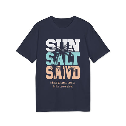 Sol Sal Arena 100% Bio-Baumwoll-T-Shirt marineblau mit SUN SALT SAND Grafik und Palme, Bio-Baumwoll-T-Shirt
