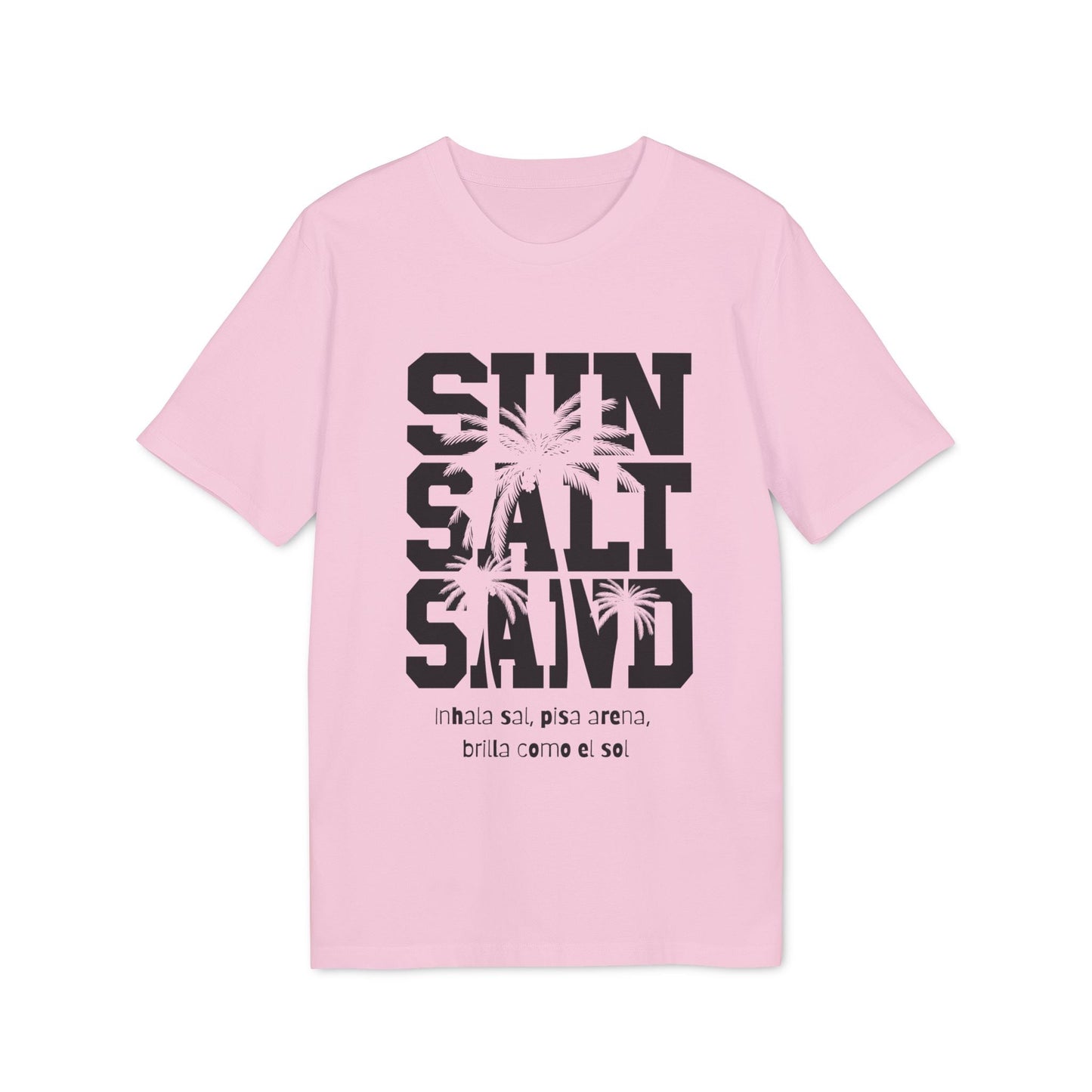 Sol Sal Arena 100% T-Shirt aus Bio-Baumwolle rosa mit Grafik SUN SALT SAND und Palmen, Vorderansicht