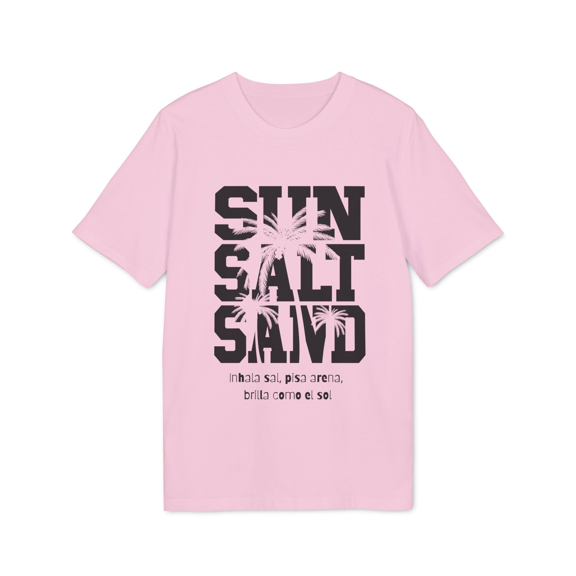 Sol Sal Arena 100% T-Shirt aus Bio-Baumwolle rosa mit Grafik SUN SALT SAND und Palmen, Vorderansicht