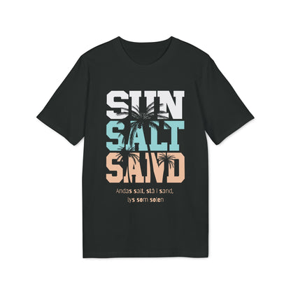 Alt Tag: Sol Salt Sand 100% Organic Cotton T-Shirt black graphic tee with SUN SALT SAND text and palm tree beach design
