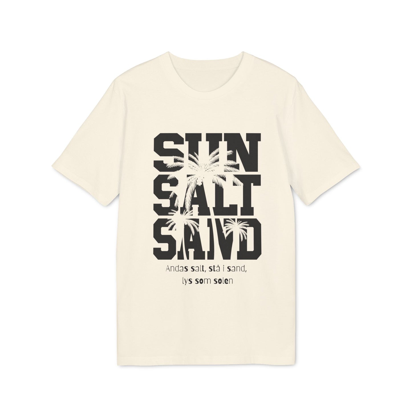 Alt Tag: Sol Salt Sand 100% Organic Cotton T-Shirt en color crema con gráfico SUN SALT SAND y palmeras en el frente