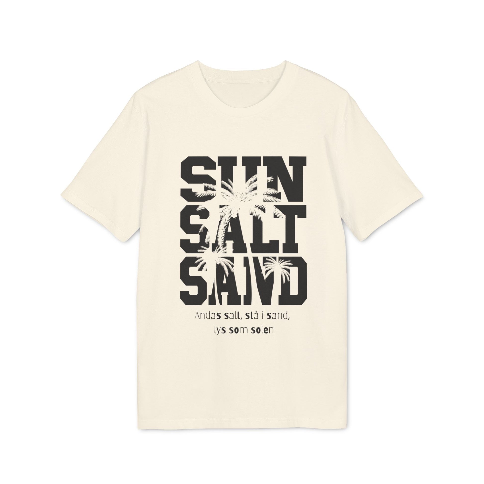 Alt Tag: Sol Salt Sand 100% Organic Cotton T-Shirt en color crema con gráfico SUN SALT SAND y palmeras en el frente