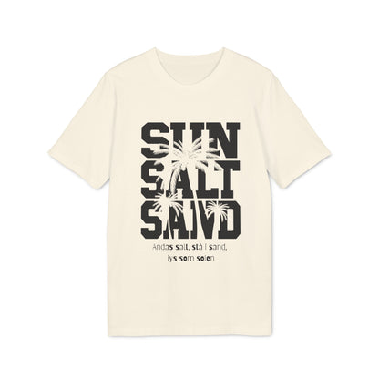 Alt Tag: Sol Salt Sand 100% Organic Cotton T-Shirt en color crema con gráfico SUN SALT SAND y palmeras en el frente