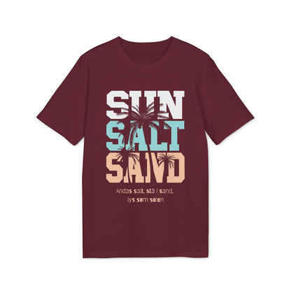Alt Tag: Sol Salt Sand 100% Organic Cotton T-Shirt in burgundy with SUN SALT SAND graphic and palm tree print