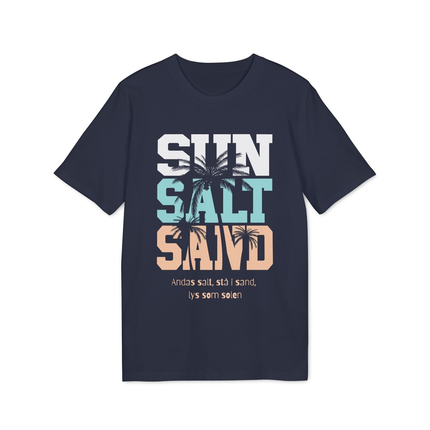 Sol Salt Sand 100% Organic Cotton T-Shirt navy graphic tee with SUN SALT SAND text and palm tree print
