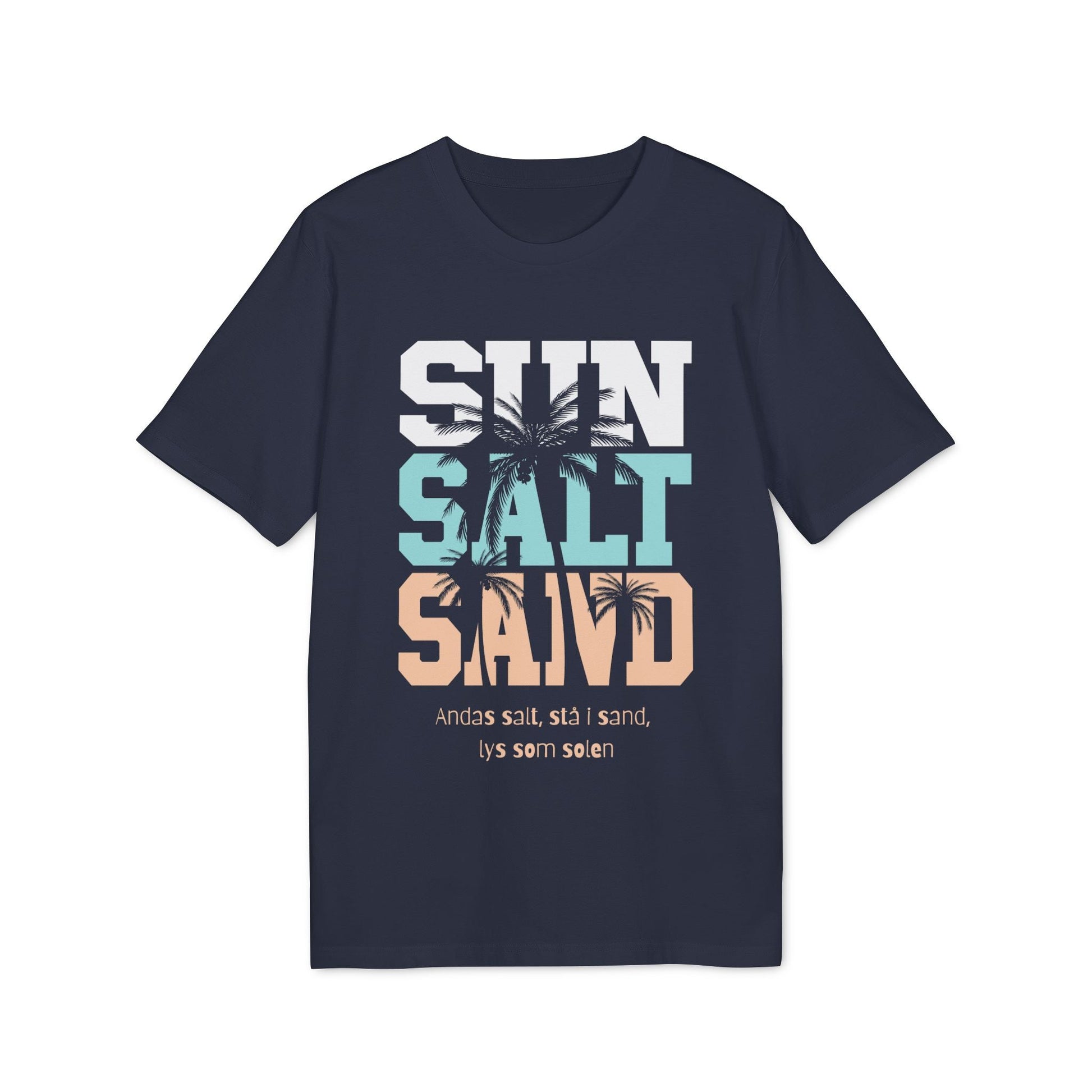Sol Salt Sand 100% Organic Cotton T-Shirt navy graphic tee with SUN SALT SAND text and palm tree print