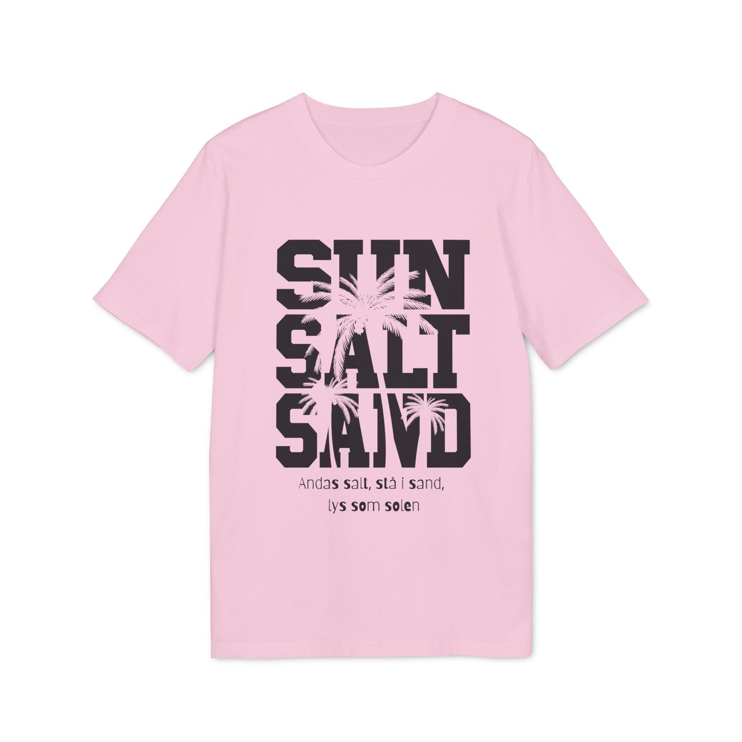 Alt Tag: Sol Salt Sand 100% Organic Cotton T-Shirt rosa con estampado SUN SALT SAND y palmeras, camiseta unisex de algodón orgánico