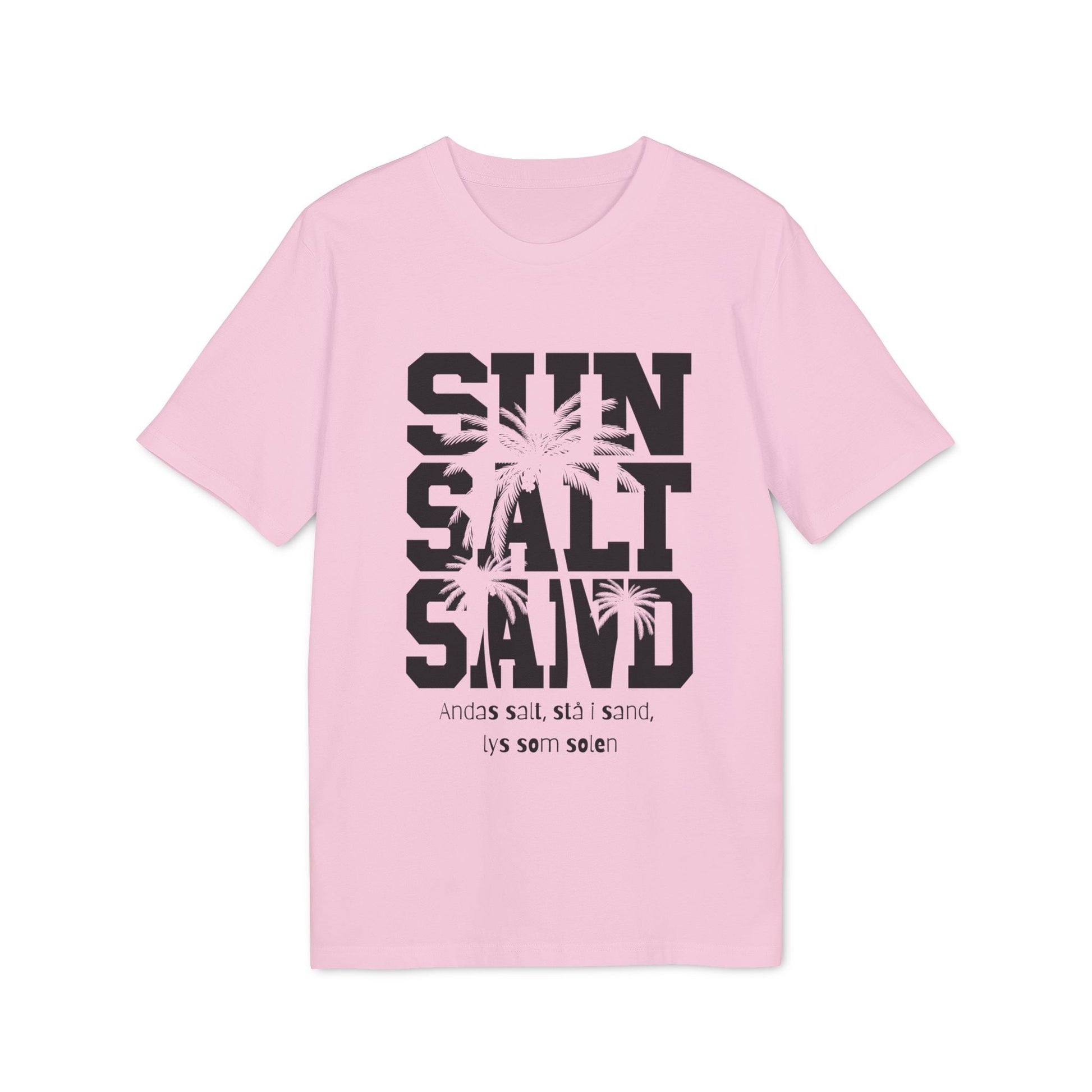 Alt Tag: Sol Salt Sand 100% Organic Cotton T-Shirt rosa con estampado SUN SALT SAND y palmeras, camiseta unisex de algodón orgánico