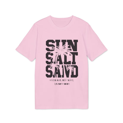 Alt Tag: Sol Salt Sand 100% Organic Cotton T-Shirt rosa con estampado SUN SALT SAND y palmeras, camiseta unisex de algodón orgánico