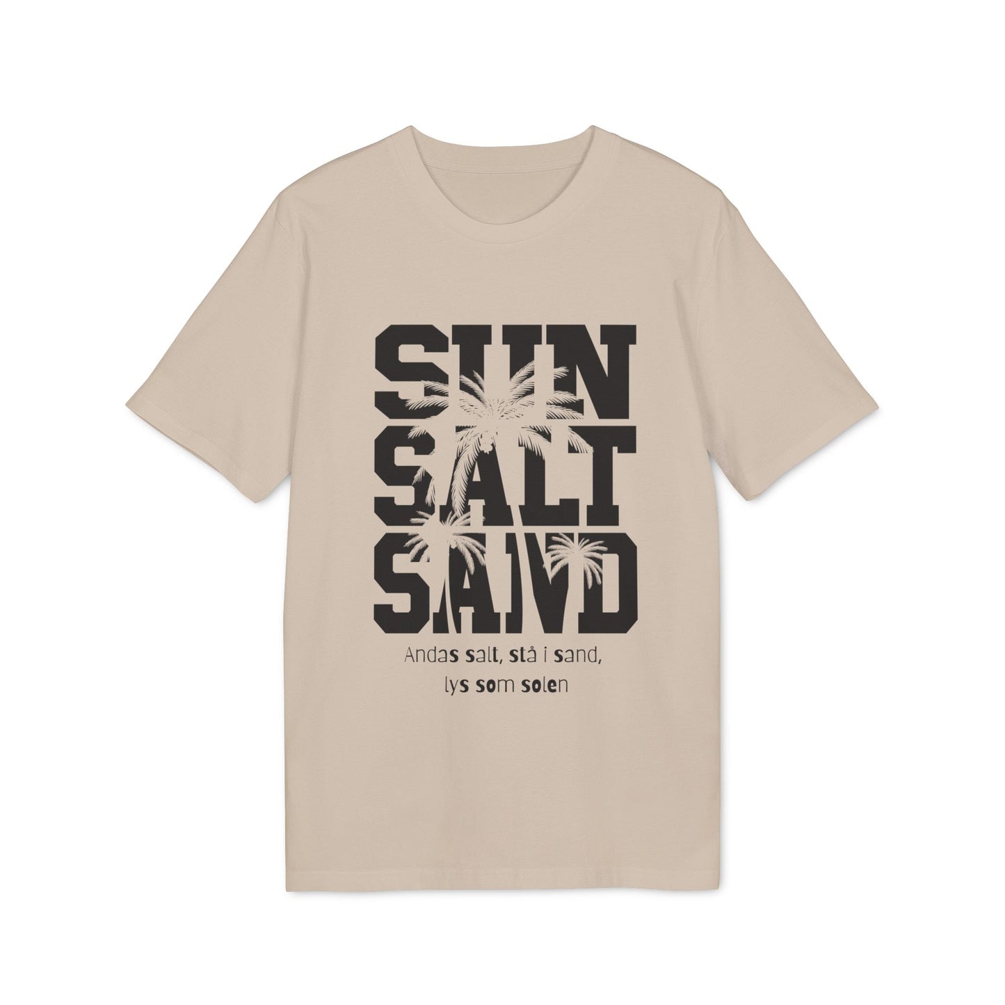 Sol Salt Sand 100% Organic Cotton T-Shirt beige with SUN SALT SAND graphic and palm tree print, front view