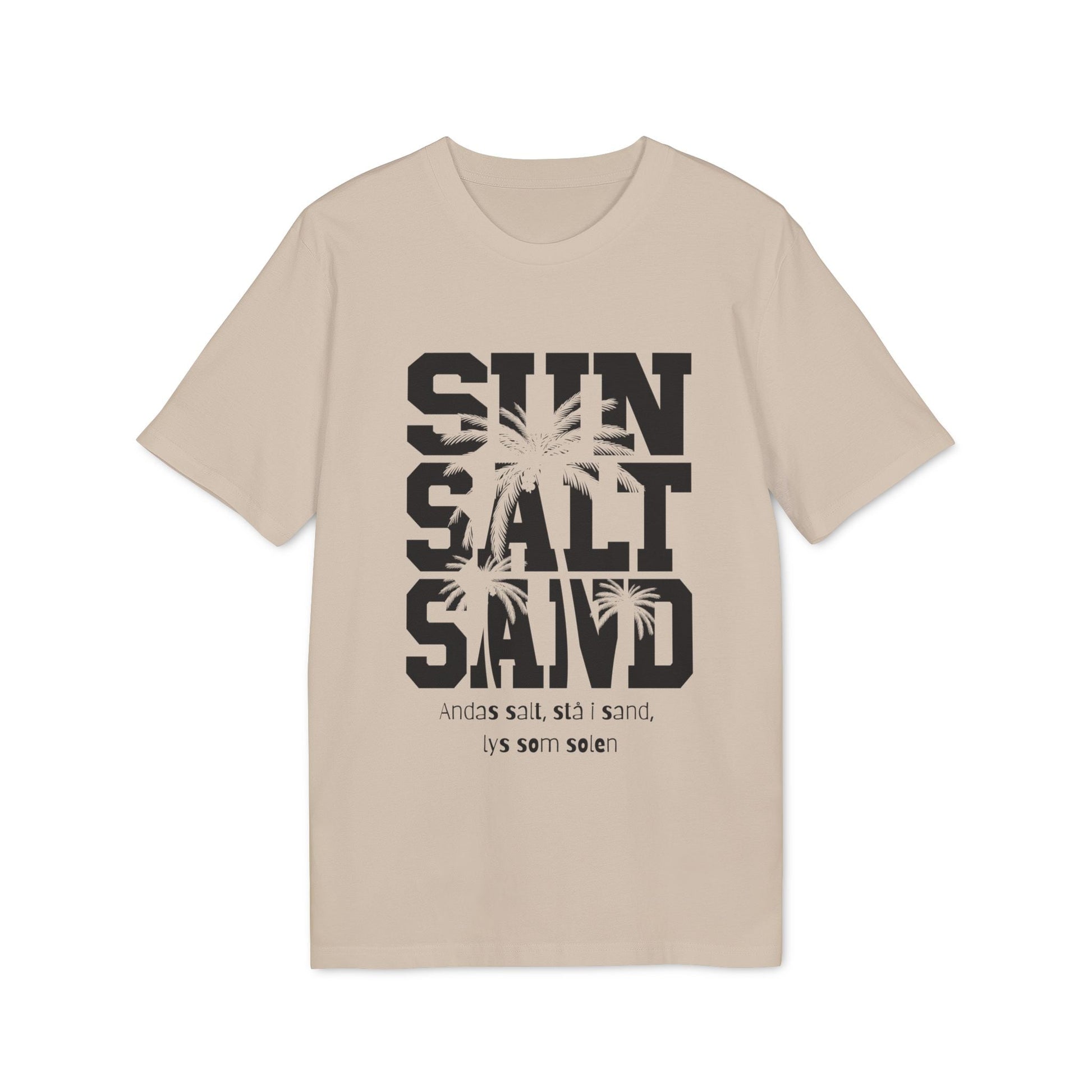 Sol Salt Sand 100% Organic Cotton T-Shirt beige with SUN SALT SAND graphic and palm tree print, front view