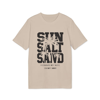 Sol Salt Sand 100% Organic Cotton T-Shirt beige with SUN SALT SAND graphic and palm tree print, front view
