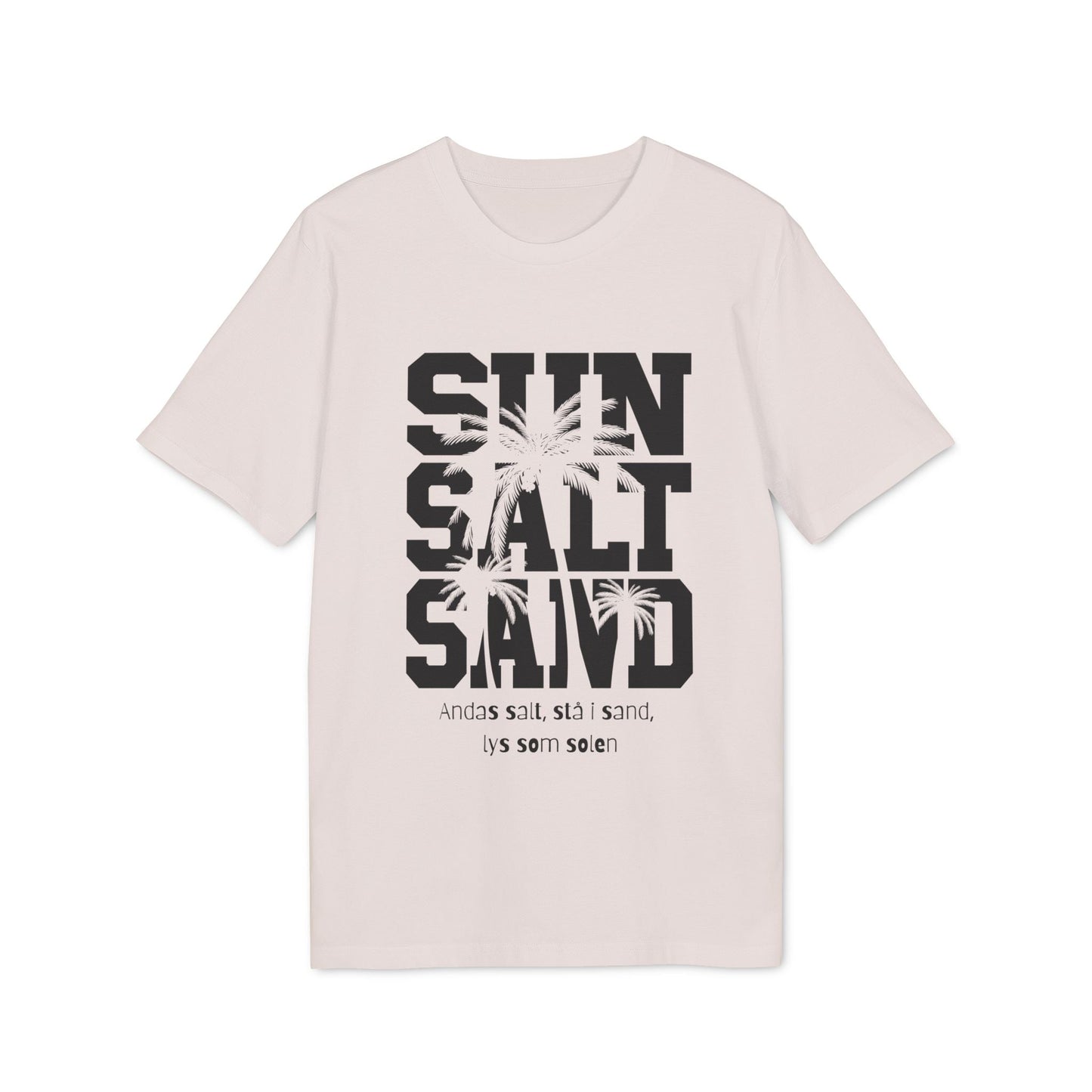 Alt Tag: Sol Salt Sand 100% Organic Cotton T-Shirt beige with "SUN SALT SAND" palm graphic front print