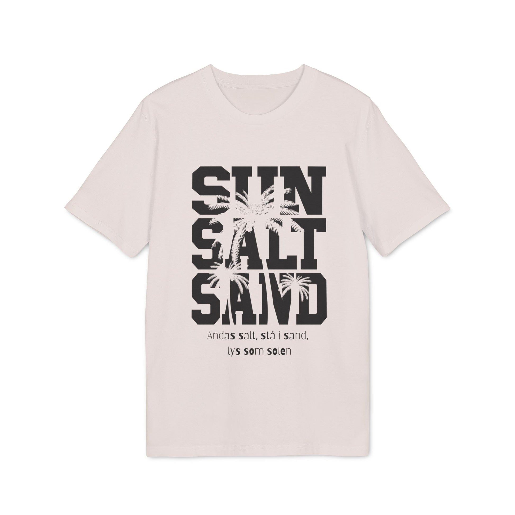 Alt Tag: Sol Salt Sand 100% Organic Cotton T-Shirt beige with "SUN SALT SAND" palm graphic front print
