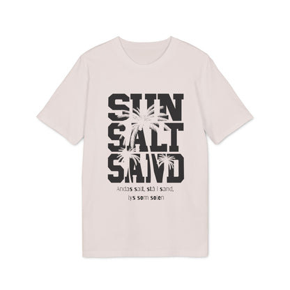 Alt Tag: Sol Salt Sand 100% Organic Cotton T-Shirt beige with "SUN SALT SAND" palm graphic front print