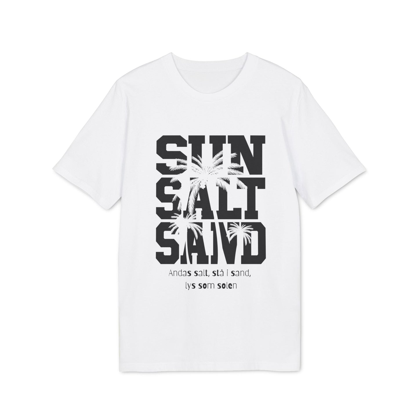 Alt Tag: Sol Salt Sand 100% Organic Cotton T-Shirt blanca con gráfico SUN SALT SAND y palmeras, vista frontal