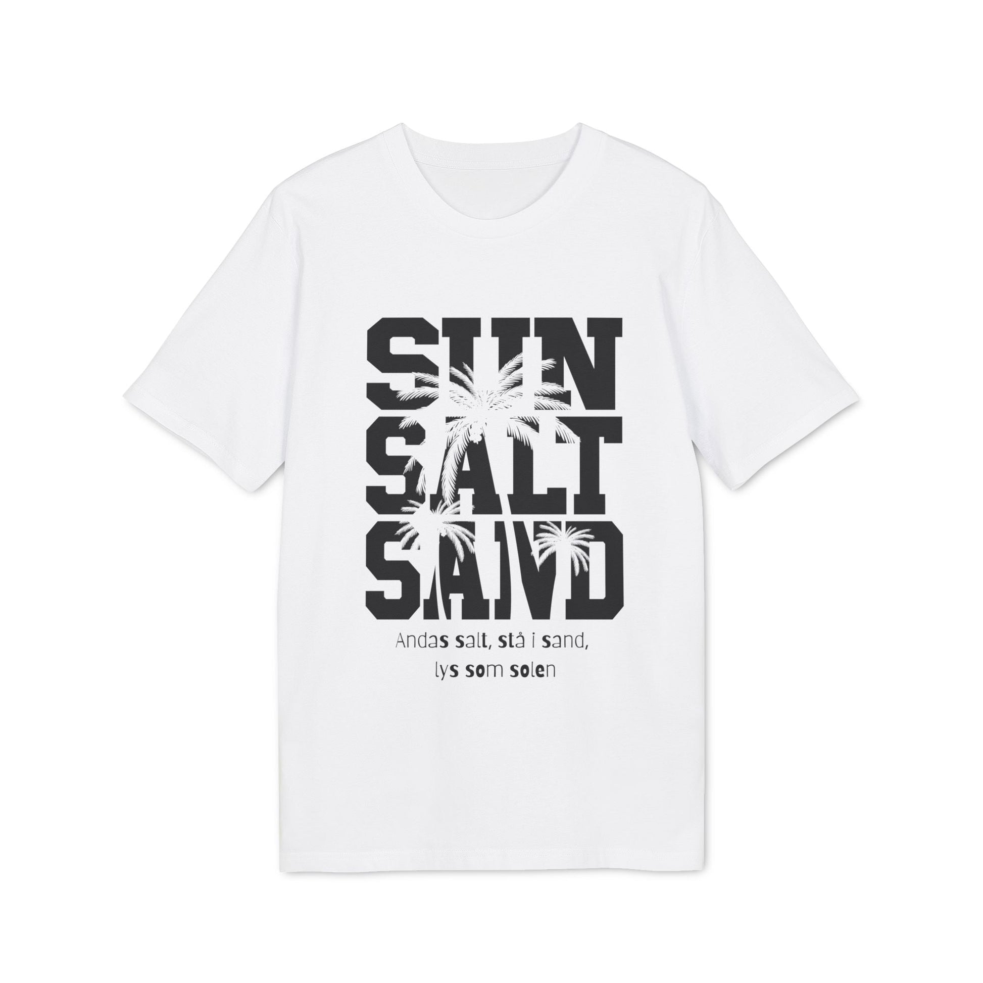 Alt Tag: Sol Salt Sand 100% Organic Cotton T-Shirt blanca con gráfico SUN SALT SAND y palmeras, vista frontal