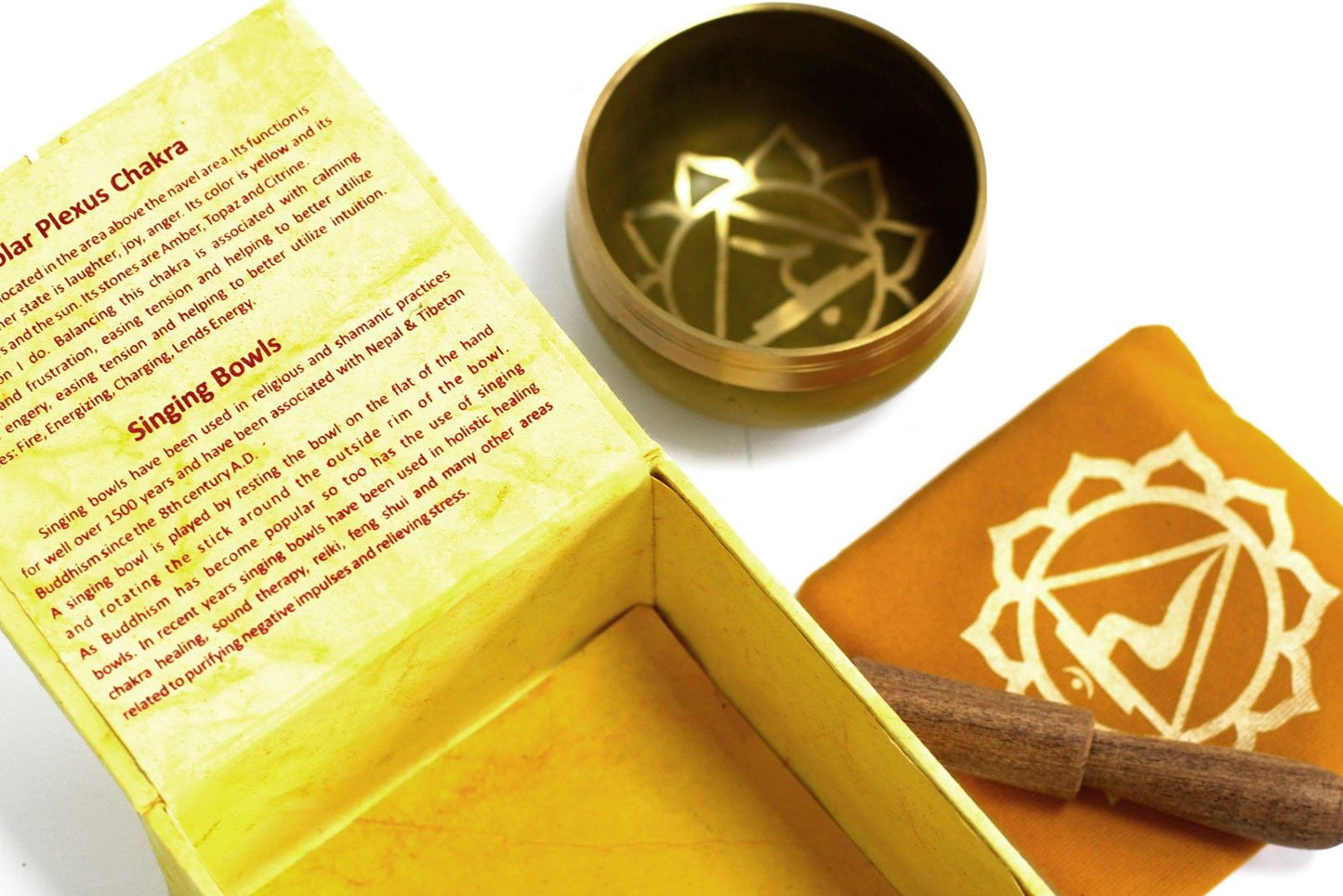 Solar Plexus Chakra-sjungskål – ca 413 Hz-set med klubba, gul chakrapåse och presentask