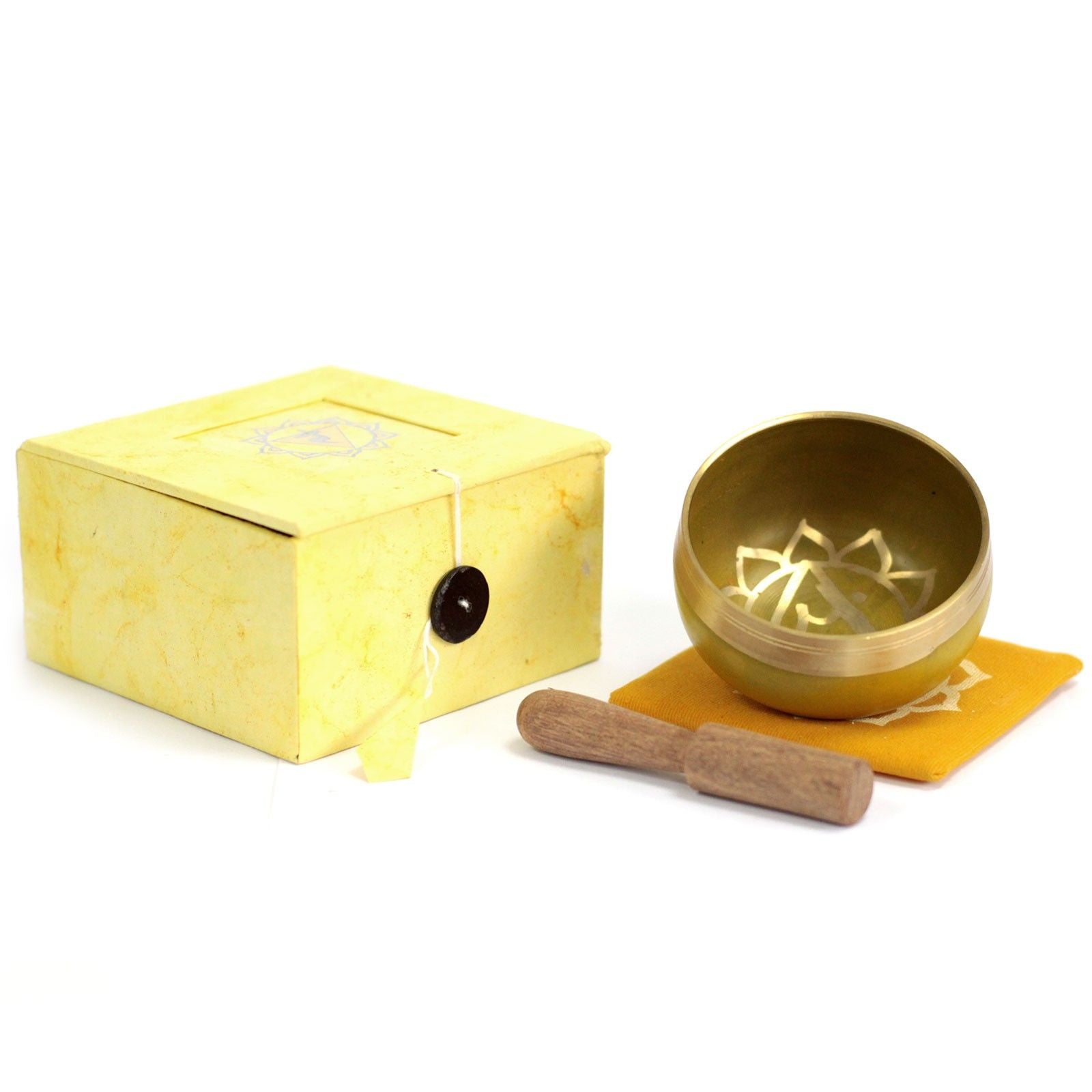 Solar Plexus Chakra-sjungskål – ca 413 Hz med klubba, kudde och presentask, set med mässingsljudskål för meditation