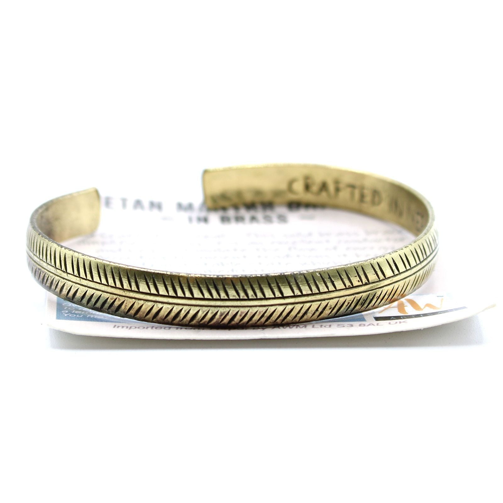Solid Brass Tibetan Mantra Bracelet – Slim Tribal Leaf, slim brass cuff bracelet with tribal leaf etched pattern