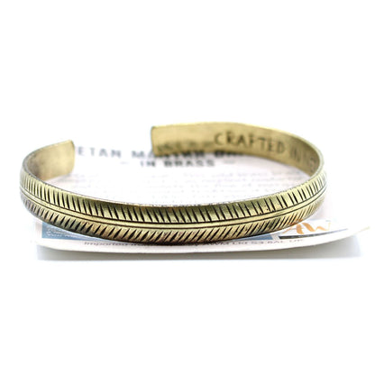 Solid Brass Tibetan Mantra Bracelet – Slim Tribal Leaf, slim brass cuff bracelet with tribal leaf etched pattern