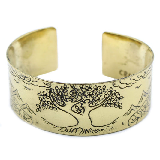 Massives tibetisches Mantra-Armband aus Messing – offenes Armreif-Armband mit Tree of Life-Gravur aus massivem Messing
