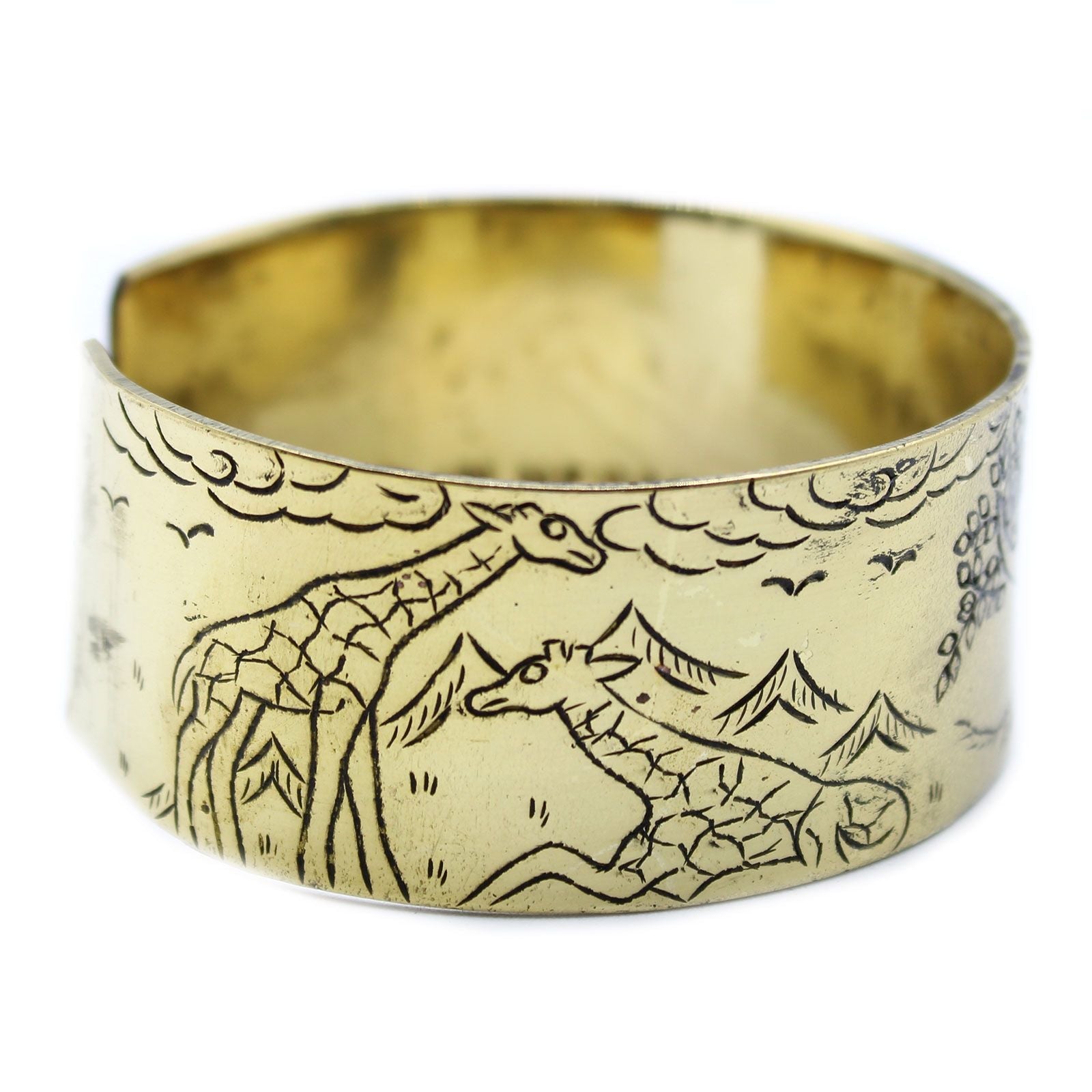 Alt Tag: Solid Brass Tibetan Mantra Bracelet – Tree of Life solid brass cuff bracelet with engraved giraffe design, Tibetan-inspired