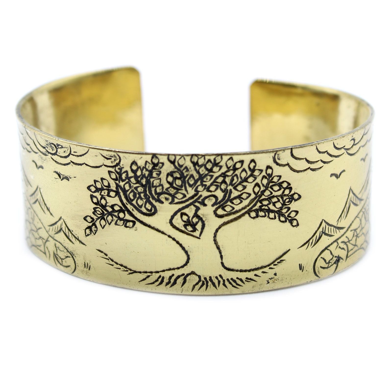 Alt Tag: Solid Brass Tibetan Mantra Bracelet – Tree of Life solid brass cuff bracelet with engraved Tree of Life design, front view