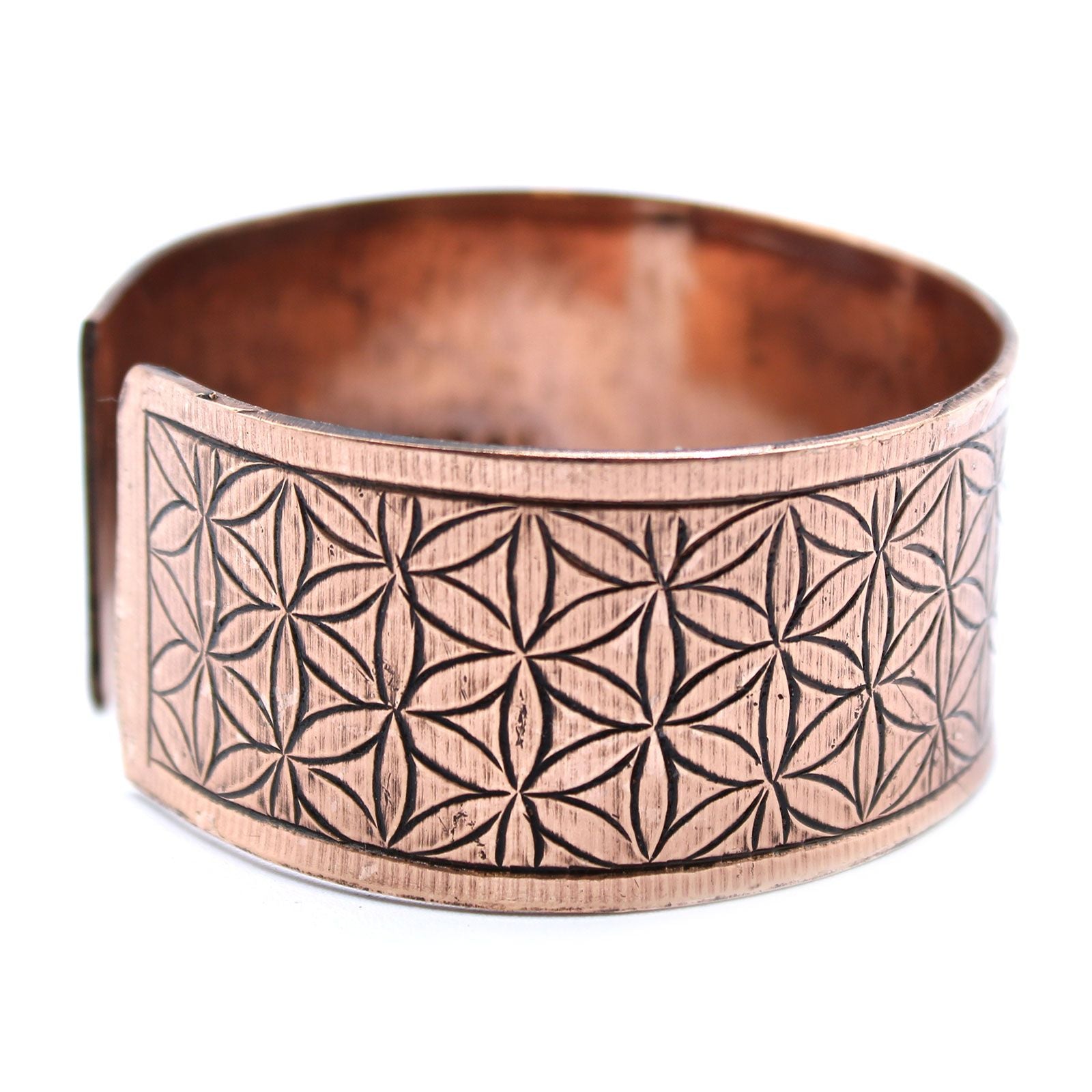 Alt Tag: Solid Copper Tibetan Mantra Bracelet – Flower of Life, solid copper cuff bracelet with engraved Flower of Life pattern