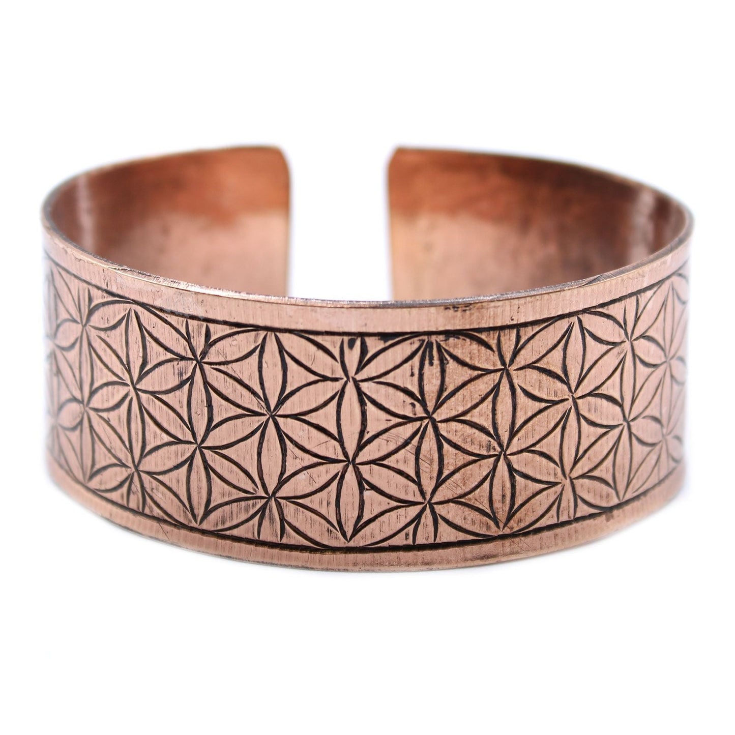 Alt Tag: Solid Copper Tibetan Mantra Bracelet – Flower of Life open cuff bracelet in solid copper with engraved Flower of Life pattern