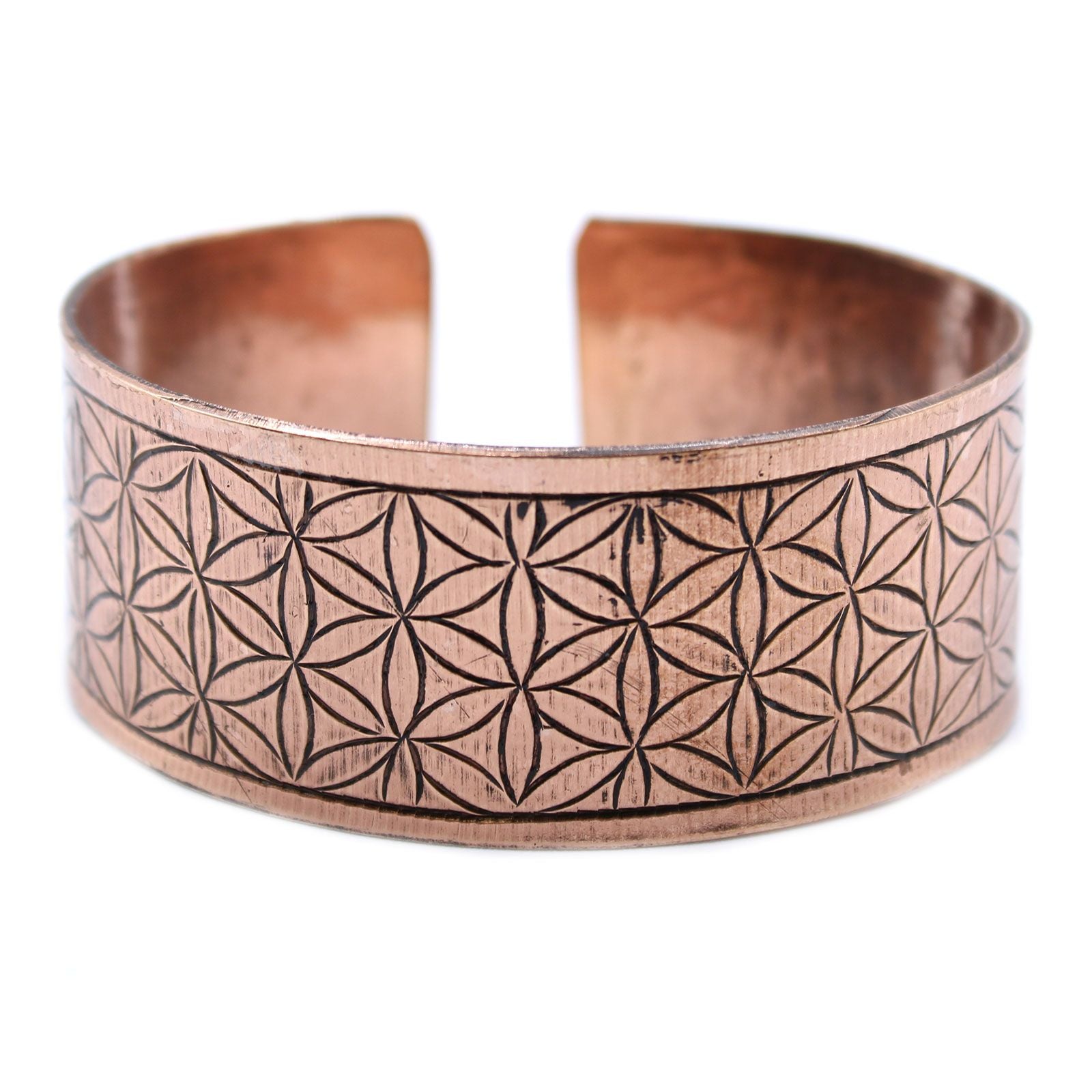 Alt Tag: Solid Copper Tibetan Mantra Bracelet – Flower of Life open cuff bracelet in solid copper with engraved Flower of Life pattern