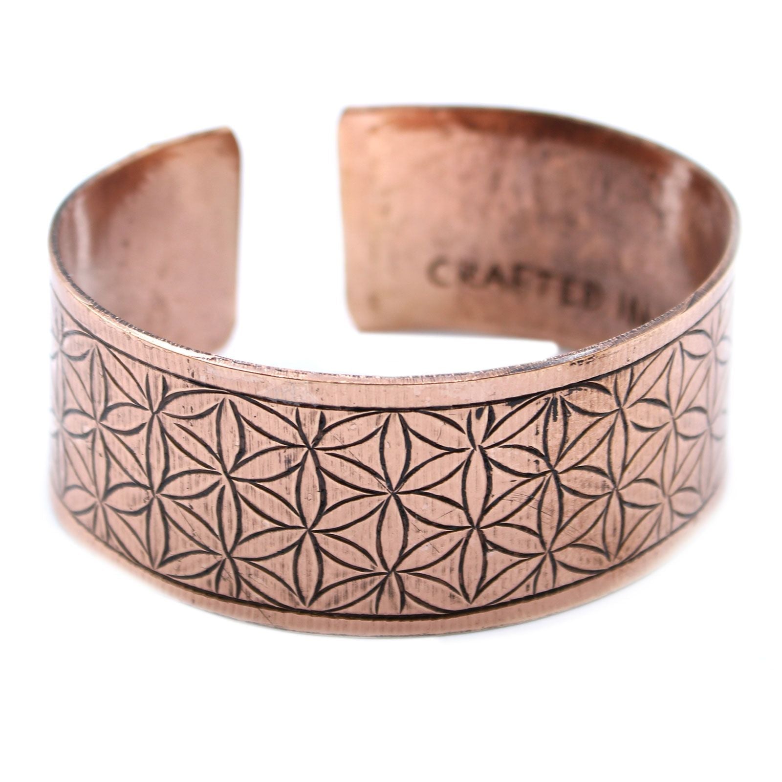 Alt Tag: Solid Copper Tibetan Mantra Bracelet – Flower of Life open cuff bracelet in solid copper with engraved Flower of Life pattern