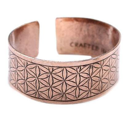 Alt Tag: Solid Copper Tibetan Mantra Bracelet – Flower of Life open cuff bracelet in solid copper with engraved Flower of Life pattern