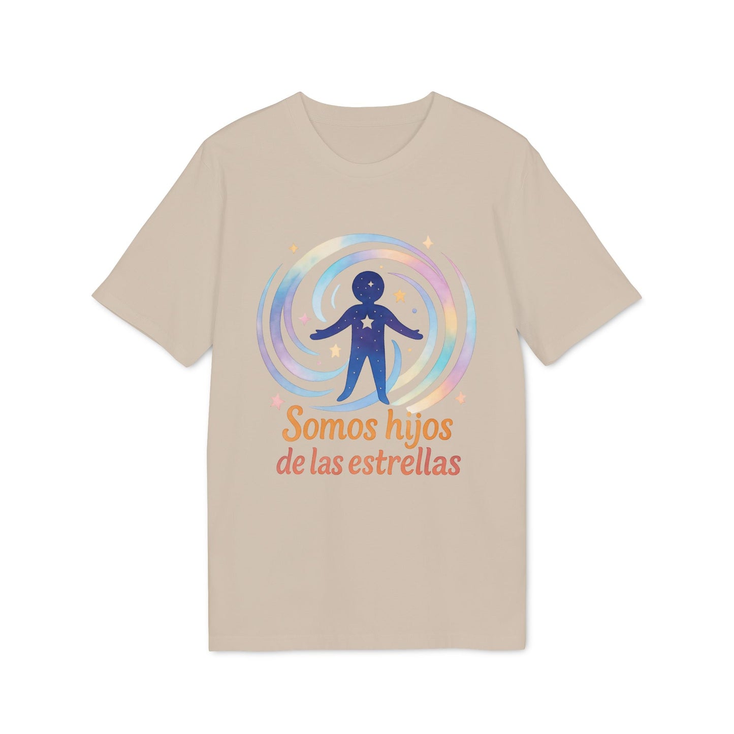 Alt Tag: Somos Hijos las Estrellas Organica 100% Organic Cotton T-Shirt beige con gráfico humano estelar y texto “Somos hijos de las estrellas”