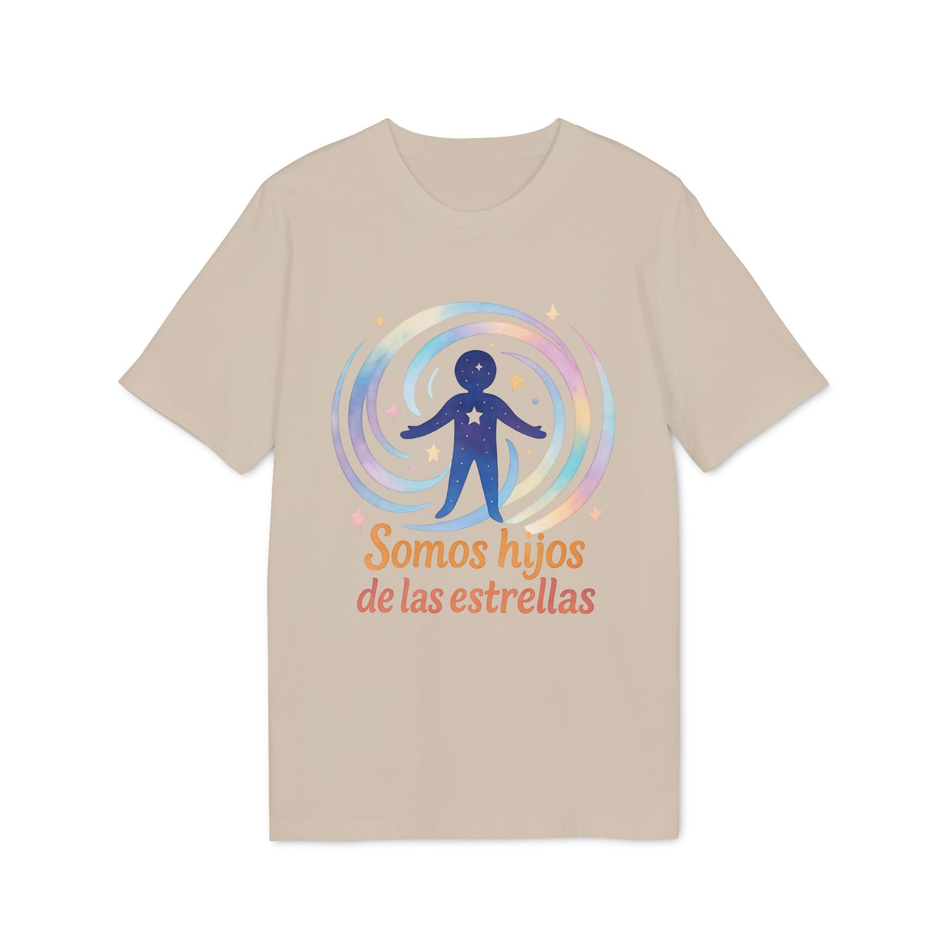 Alt Tag: Somos Hijos las Estrellas Organica 100% Organic Cotton T-Shirt beige con gráfico humano estelar y texto “Somos hijos de las estrellas”